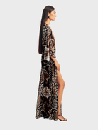 Stylish long sleeve maxi dress with a deep V-neck in Ristretto and Arcadian Blue, ideal for various events.