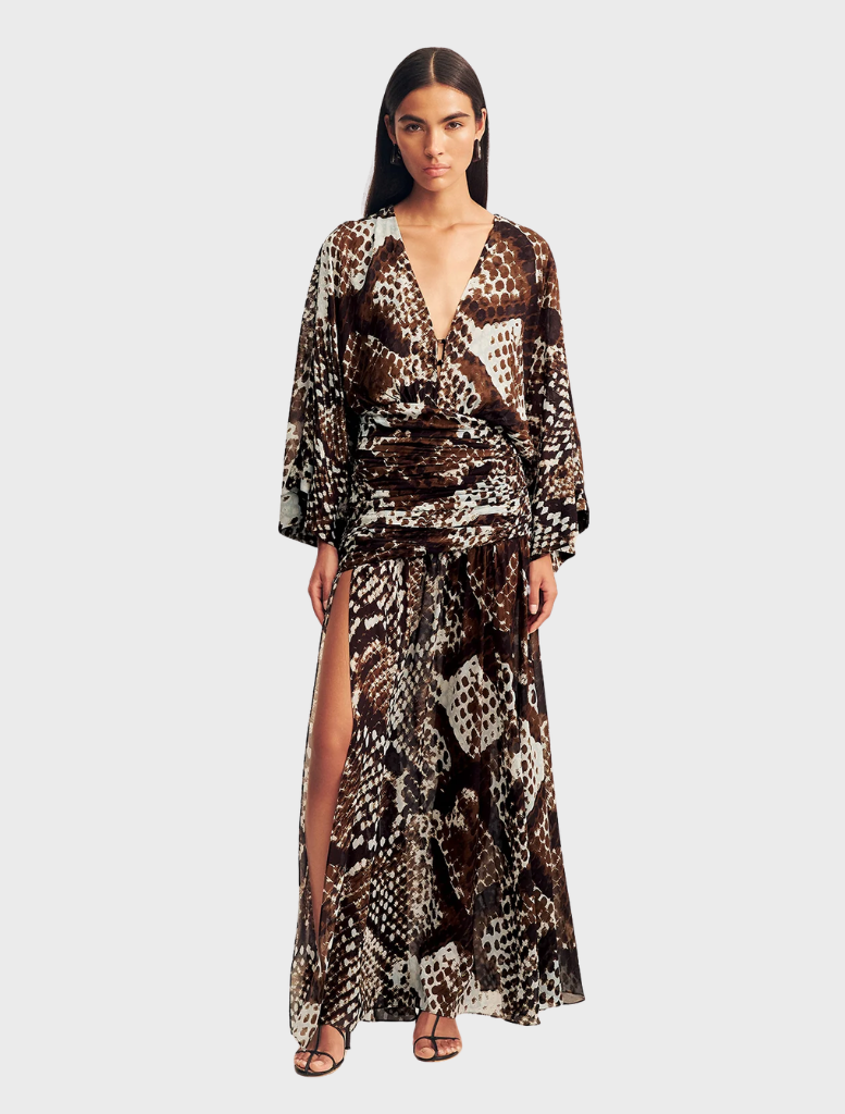 Long sleeve maxi dress in Ristretto and Arcadian Blue with a plunging neckline, showcasing a stylish and elegant design.