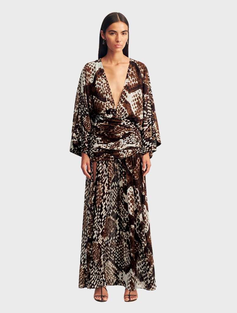 Elegant long sleeve maxi dress featuring a plunging neckline in Ristretto and Arcadian Blue colors.