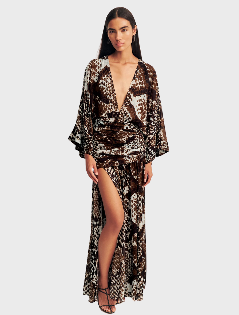 Elegant long sleeve maxi dress featuring a plunging neckline, designed in Ristretto and Arcadian Blue colors.