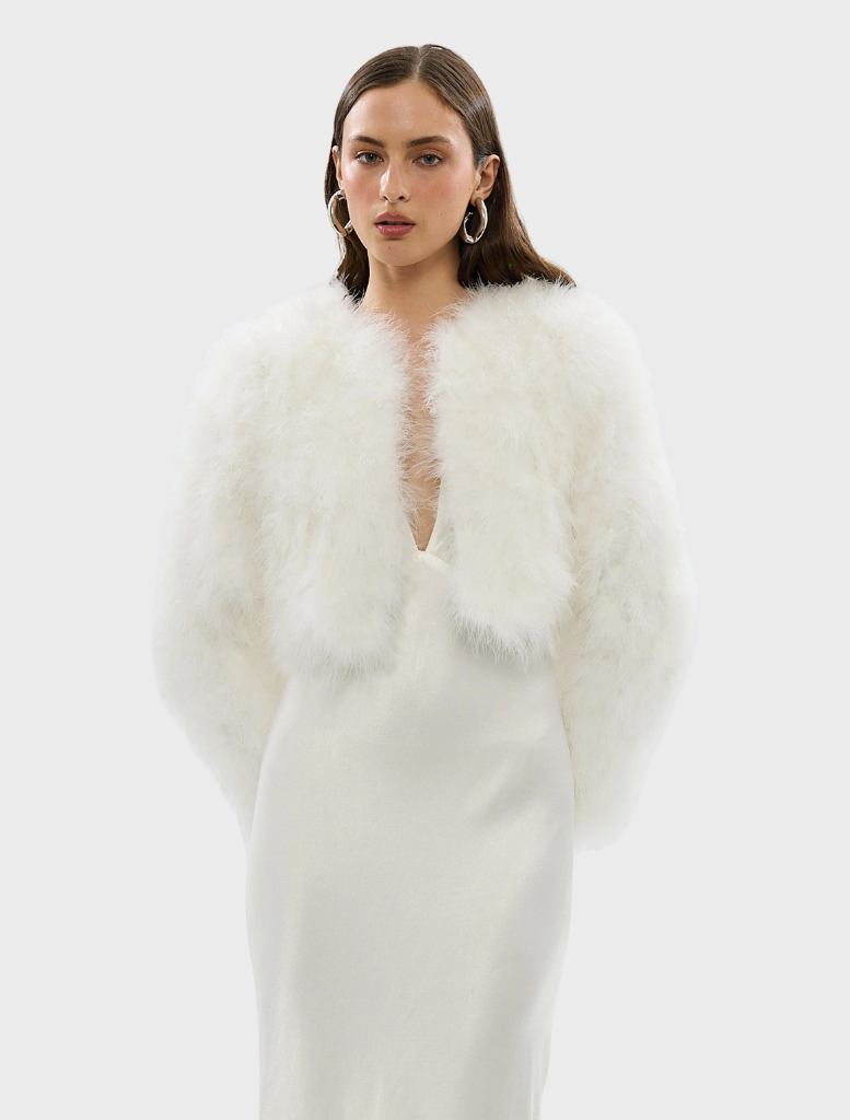 White Manhattan Crop Jacket made of marabou feathers, featuring structured shoulders and a feminine cropped silhouette.