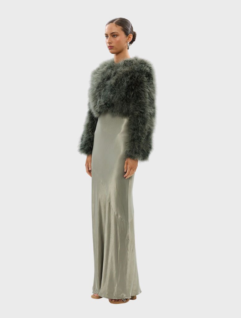 Manhattan crop jacket in forest green, featuring a modern cut suitable for casual or semi-formal occasions.