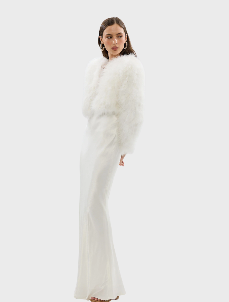 Elegant white Manhattan Crop Jacket with marabou feathers, structured shoulders, and a cropped design for special occasions.