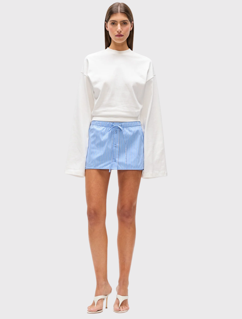 Blue striped Margaux Skort featuring built-in shorts, elastic waistband, and button front for a relaxed, stylish look.