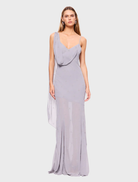 Slate-colored cowl neck gown with intricate beading, elegantly draping for a sophisticated evening look.