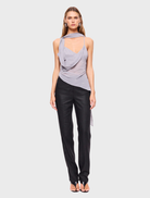 Slate-colored Marina beaded cowl neck top, featuring elegant bead detailing and a stylish draped design.