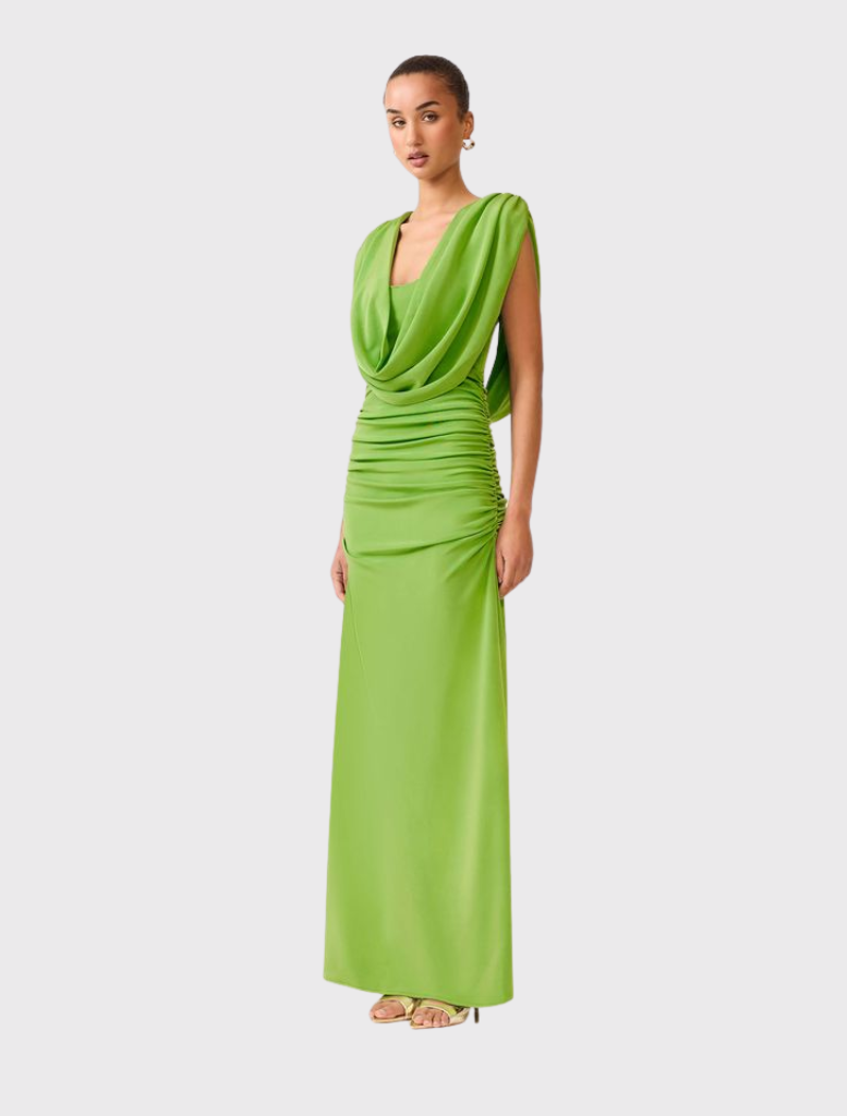 Elegant Ferngreen gown with cowl neck, fitted waist, and low back tie detail, crafted from smooth, fluid fabric for formal wear.