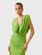 Stunning Ferngreen gown with cowl neck, ruched skirt, and low back tie, ideal for evening events and black-tie affairs.