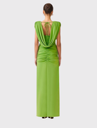 Marisol Cowl Neck Gown in Ferngreen features a draped neckline, fitted waist, and elegant back tie detail for sophistication.
