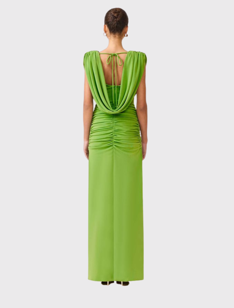 Marisol Cowl Neck Gown in Ferngreen features a draped neckline, fitted waist, and elegant back tie detail for sophistication.