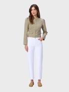 Crisp white mid-rise straight leg jeans with ankle length inseam, made from comfort stretch denim for a flattering fit.