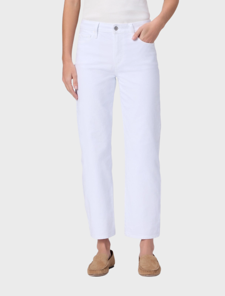 Mid-rise straight leg jeans in crisp white, featuring an ankle length inseam and crafted from comfortable stretch denim.