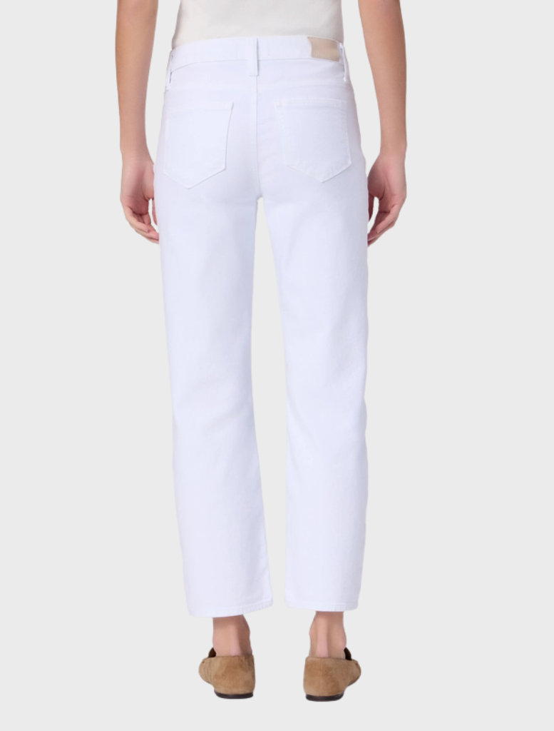 White mid-rise straight leg jeans with ankle length, offering comfort stretch denim for a stylish and comfortable fit.