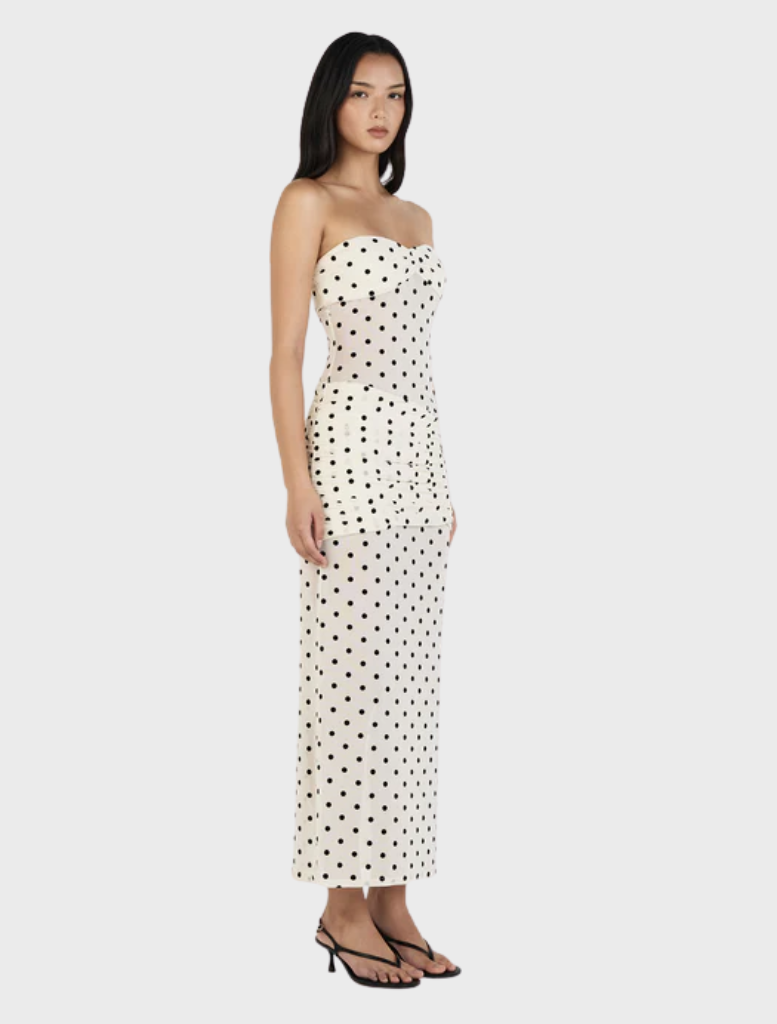 Stylish cream maxi dress featuring a classic polka dot print, designed for comfort and versatility in any wardrobe.