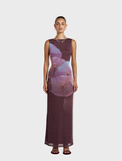 Maxi Slip Dress featuring exclusive Phoria artwork of translucent nasturtium leaves in celestial tones, embodying elegance and fluidity.