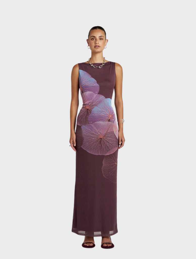 Maxi Slip Dress featuring exclusive Phoria artwork of translucent nasturtium leaves in celestial tones, embodying elegance and fluidity.