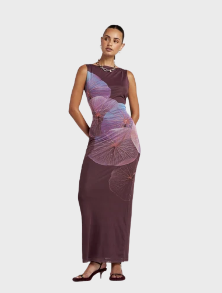 Fluid silhouette maxi slip dress adorned with Phoria print, inspired by translucent nasturtium leaves in dreamy colors.