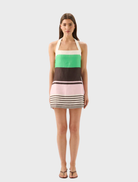 Maya Halter Mini Dress featuring a vibrant tango stripe pattern, perfect for summer outings and casual events.