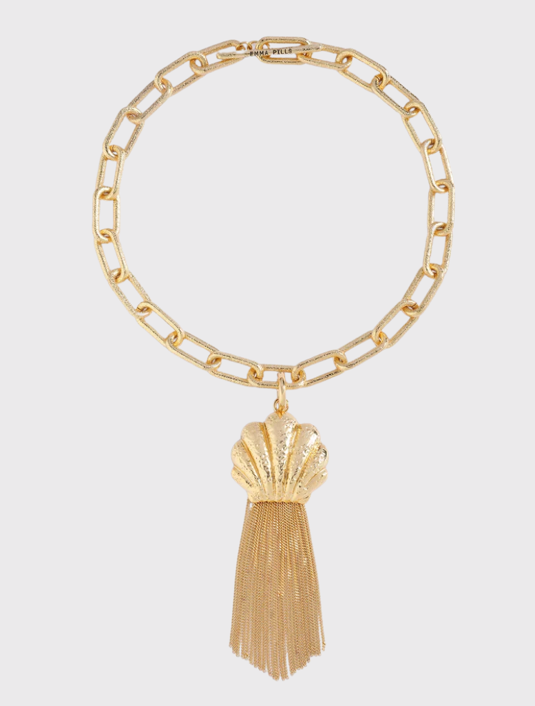 Gold Capri Chain Link Necklace with detachable shell charm and fringe detailing, made from recycled materials, 46cm long.
