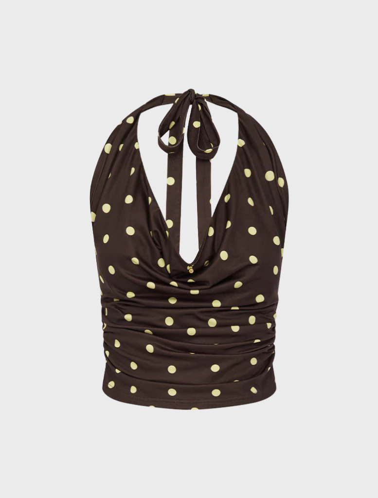 Chocolate and lemon polka dot Melody Halter Cowl Top, designed for a fashionable and elegant look.
