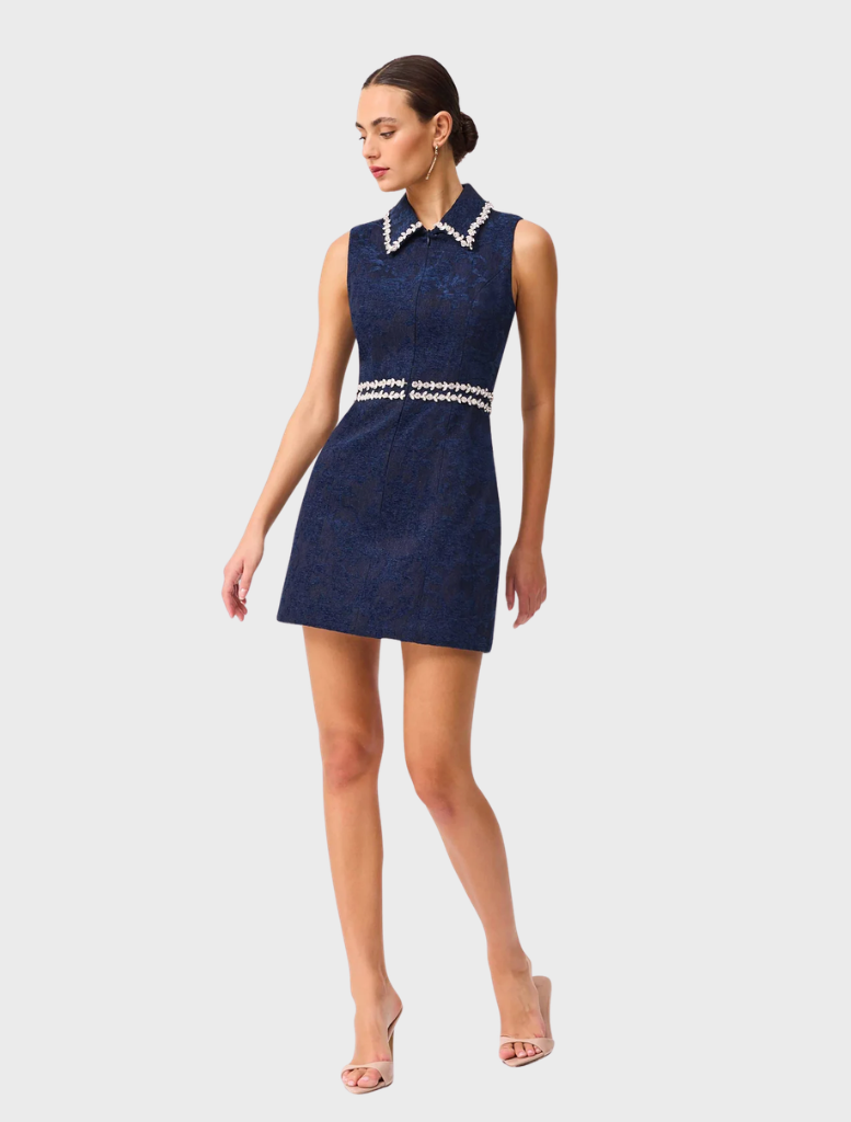 Stylish blue Melody Jacquard Mini Dress, designed with a fitted shape and rich fabric texture for a sophisticated appearance.