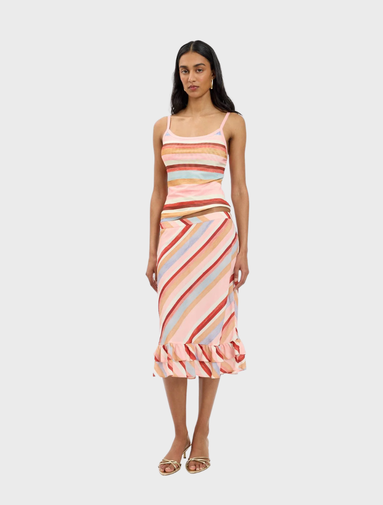 Lightweight mesh camisole in blush with subtle stripes, designed for comfort and elegance in casual wear.