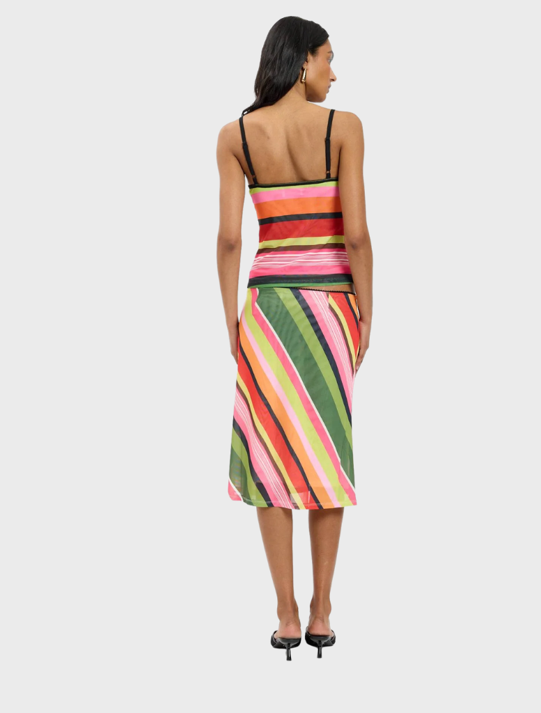 Elegant midi skirt made of mesh fabric with a striking emerald stripe pattern, perfect for various occasions.