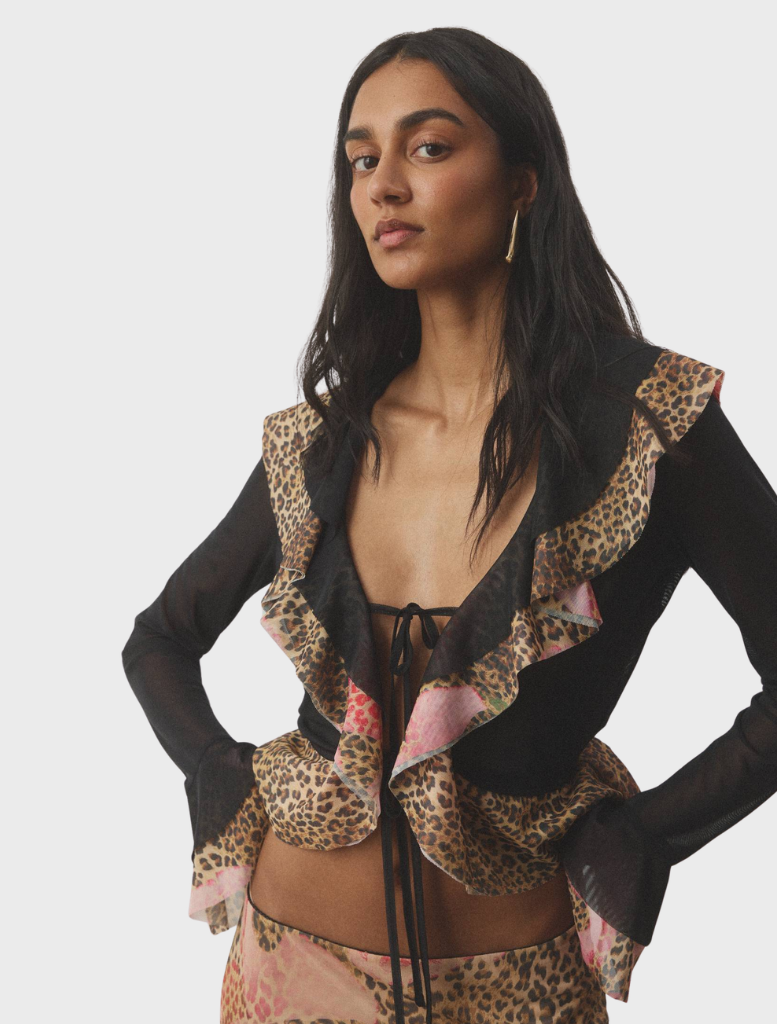 A chic frill cardigan made of mesh material, designed with a striking leopard print for a contemporary fashion touch.