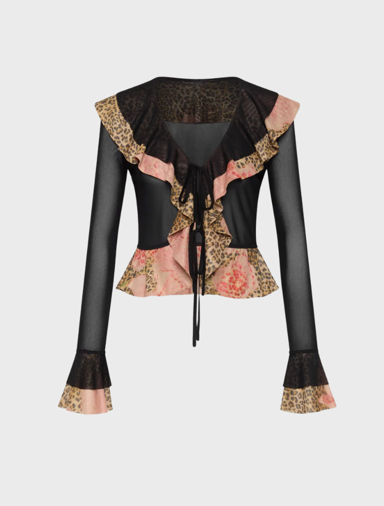 Elegant frill cardigan in mesh with a leopard print, ideal for layering and enhancing your wardrobe with a bold design.