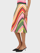 Stylish emerald mesh midi skirt adorned with stripes, offering a contemporary and sophisticated appearance.