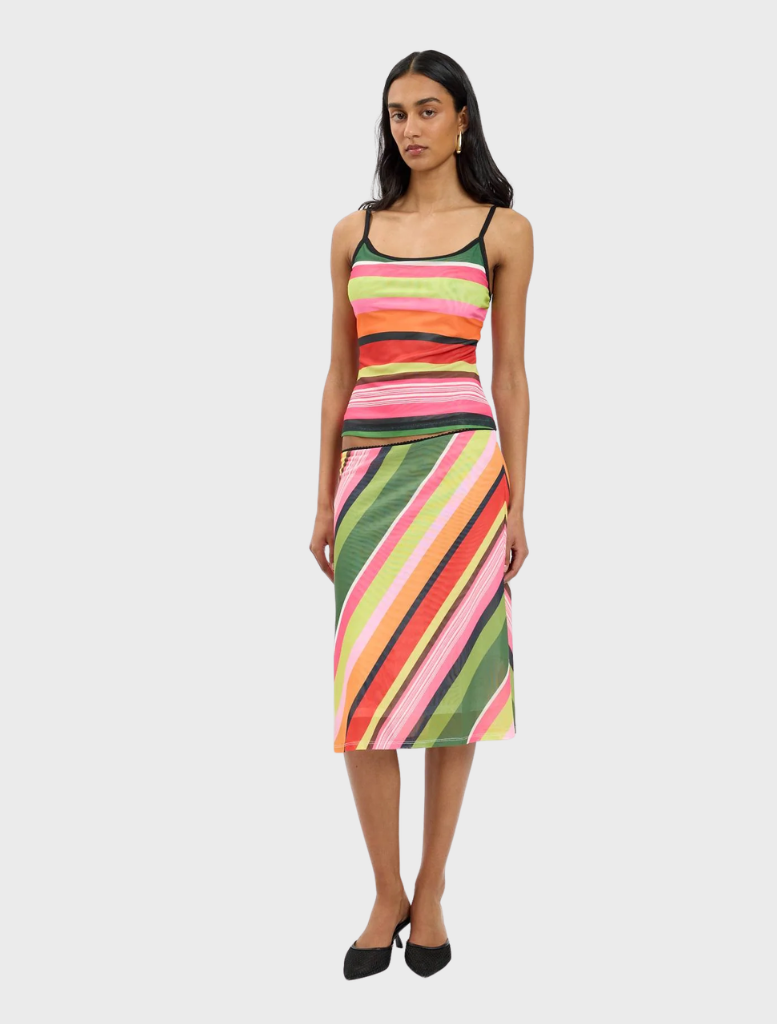 A mesh midi skirt featuring an emerald green stripe pattern, showcasing a stylish and elegant design.