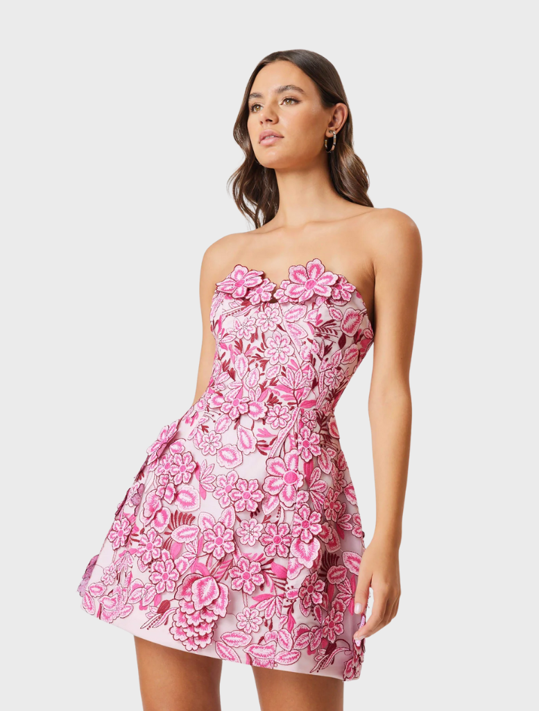 Strapless mini dress in pink floral fabric, named Roseate Floral Mini Dress.