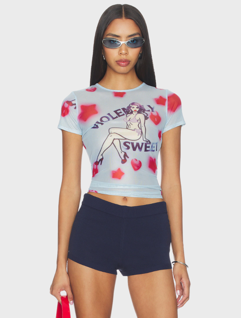 Mini Tee featuring the phrase "Violently Sweet" in bold, colorful typography on a casual shirt design.