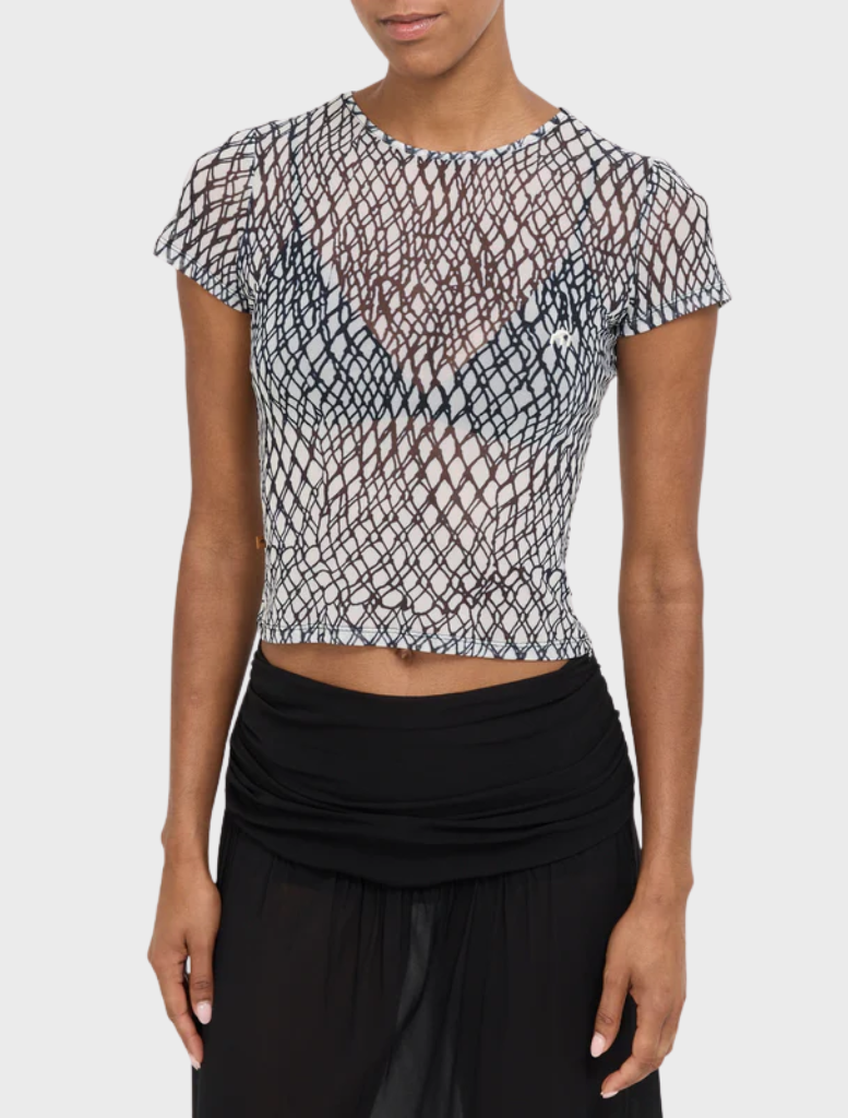 Black mini tee with a unique lattice design, offering a trendy look for various occasions and outfits.
