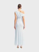 Stylish sky blue off-shoulder maxi dress, offering a chic and breezy look for various summer events.
