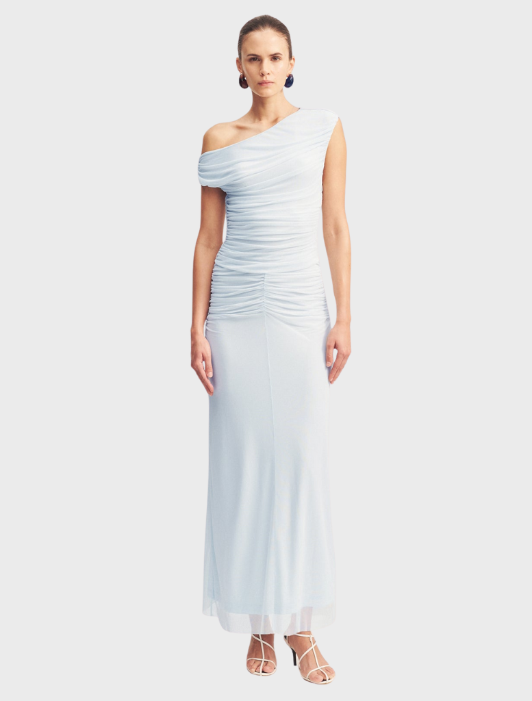 Off-shoulder sky blue maxi dress with a flowing silhouette, perfect for summer events and casual outings.