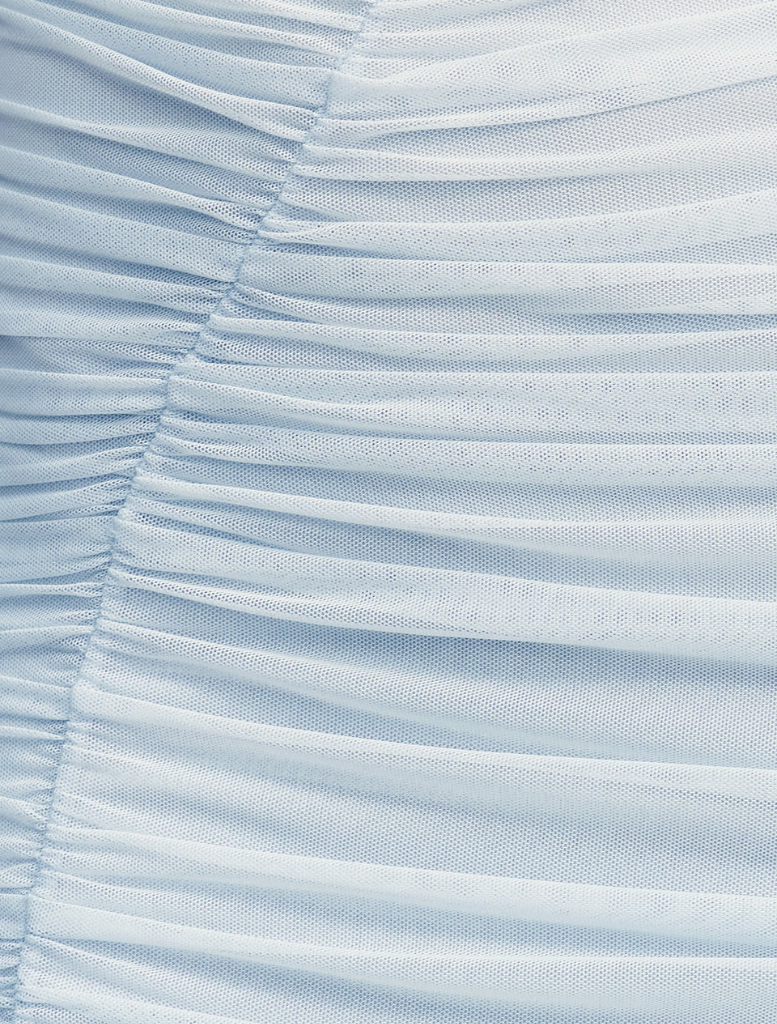 Off-shoulder sky blue maxi dress with a flowing silhouette, perfect for summer events and casual outings.