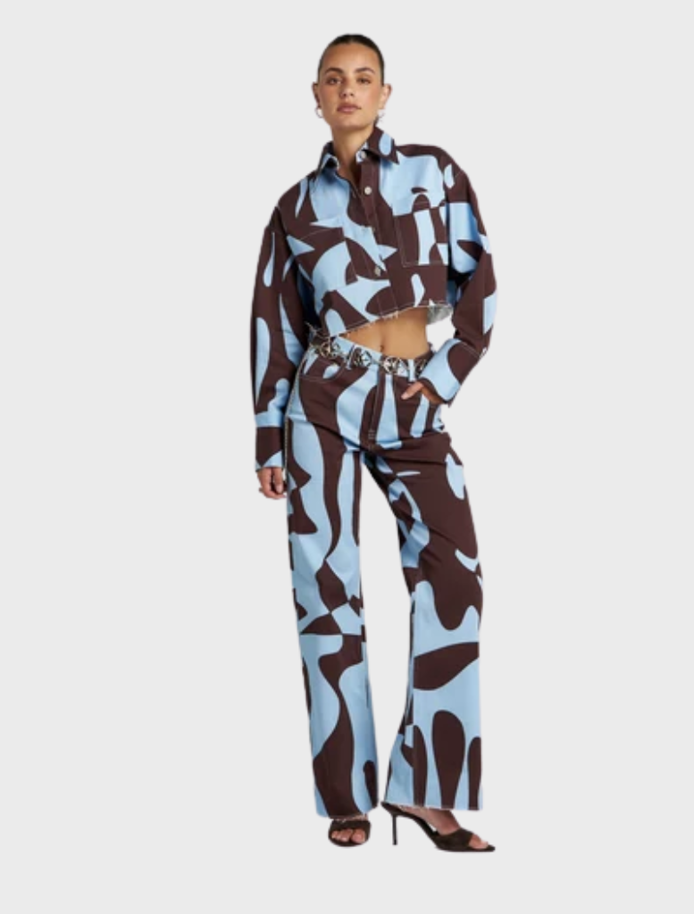 Easy Jean featuring high waist and straight leg silhouette, adorned with exclusive Mirage artwork by in-house designer.