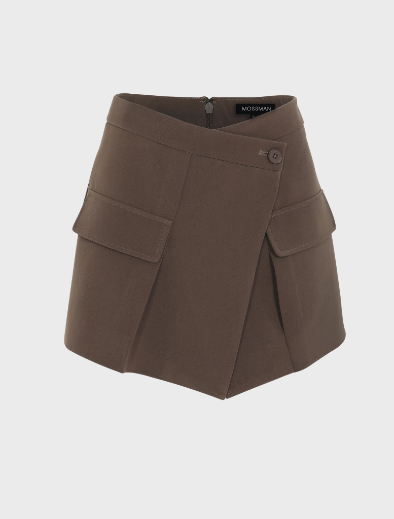Stylish mocha Vault Mini Skirt laid flat, highlighting its sleek design and soft fabric against a neutral backdrop.