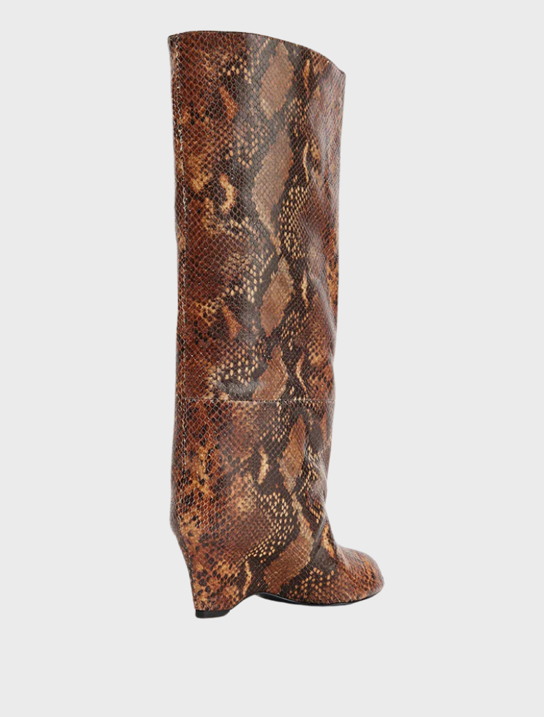 Stylish Ayla in a mocha snake pattern, offering a unique and fashionable look for any outfit.