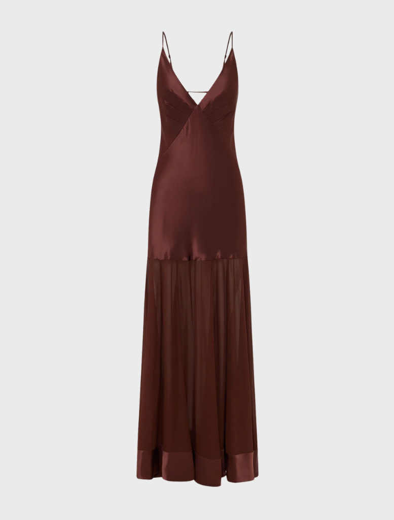 Moraya Plunged Maxi Dress in rich coffee hue, designed with a deep neckline and a long, elegant silhouette for formal wear.