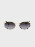 Fashionable sunglasses with a shiny gold metal frame and black lenses, offering a modern touch to your outfit.