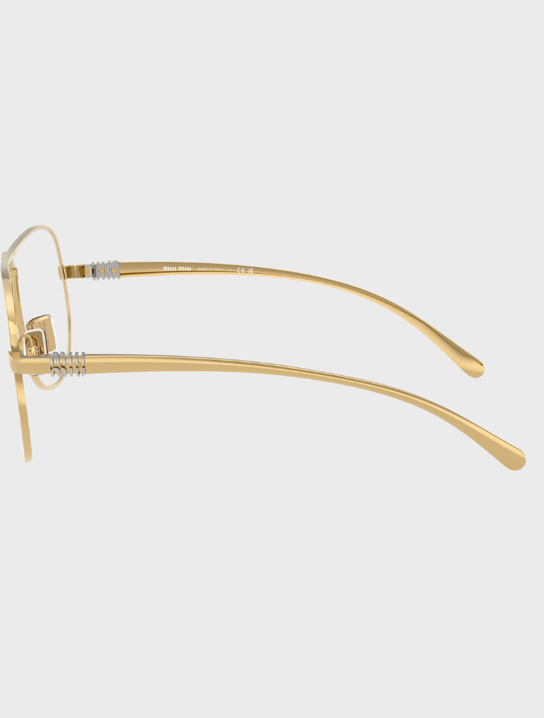 Stylish gold MU A04S 5AK08N glasses equipped with a clear blue light filter for reducing eye strain.