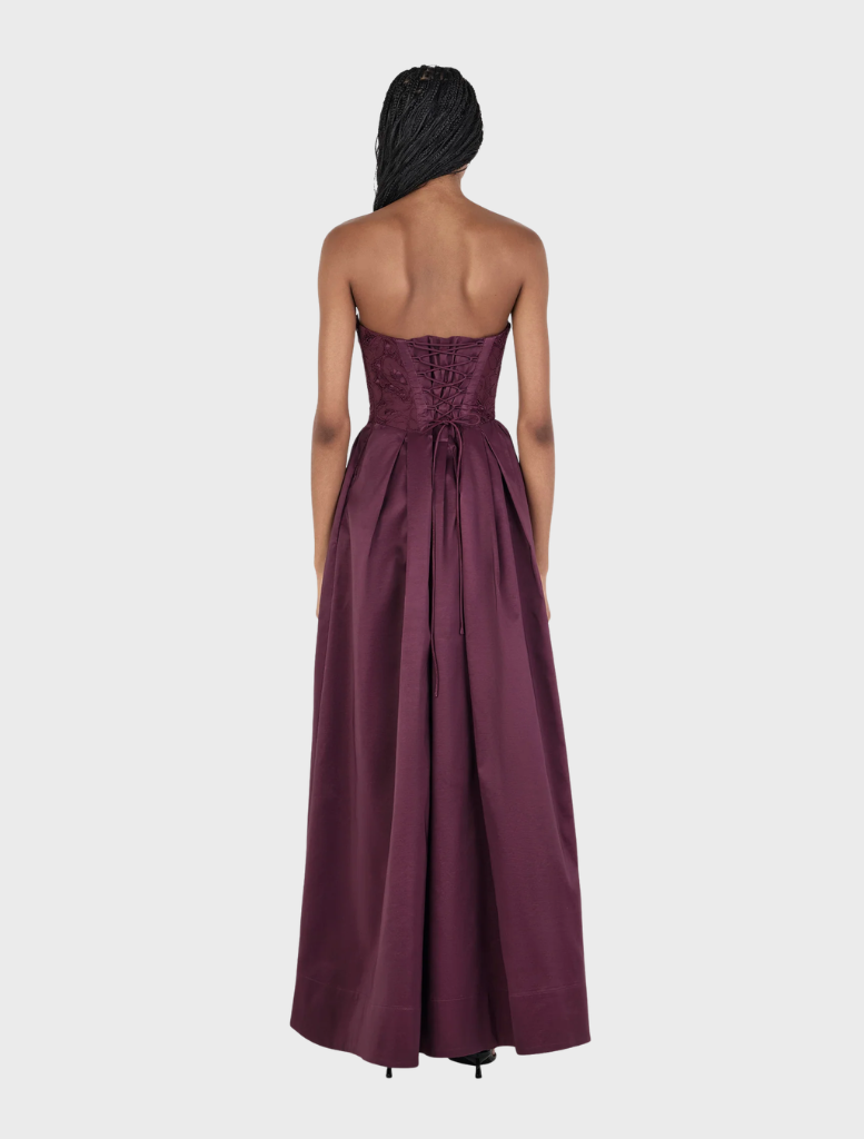 Elegant Portia Maxi Dress in rich Mulberry color, showcasing a flattering fit and graceful movement.