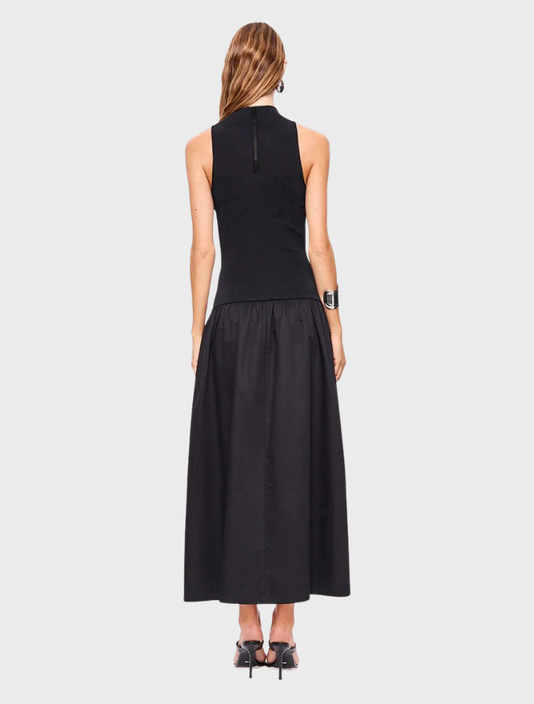 Black high neck maxi dress showcasing a sleek design, ideal for both casual outings and formal gatherings.