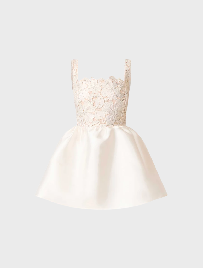Nicoletta A-line mini dress in white and gold, showcasing a stylish design with a fitted top and flared bottom for elegance.