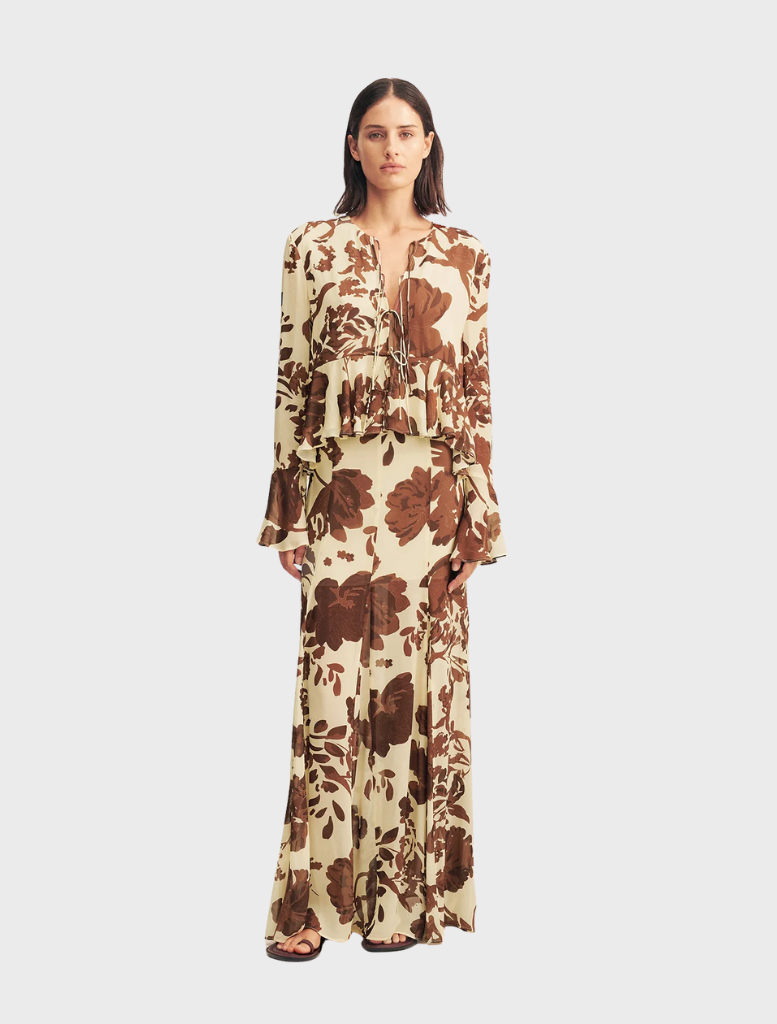 Noa Panelled Maxi Skirt featuring a Pineapple Wallflower print, showcasing vibrant colors and a flowing design.