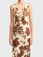 Noa Plunged Maxi Dress featuring a vibrant Pineapple Wallflower print on a flowing fabric, ideal for summer occasions.