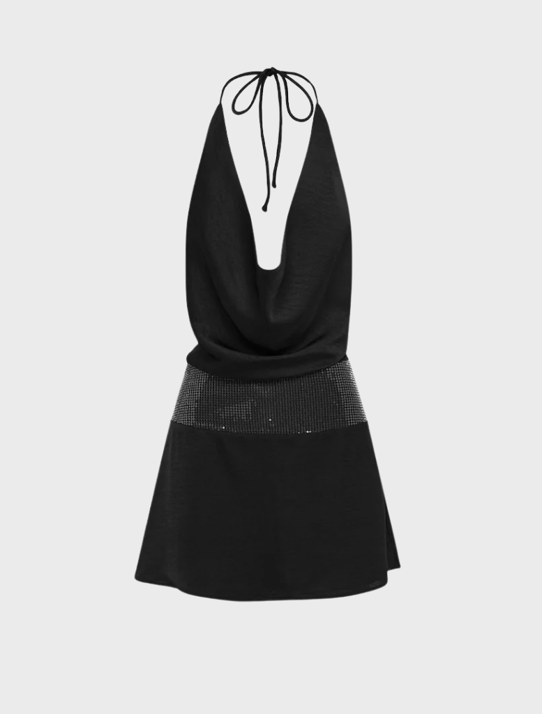 Chic black mini dress by Novalie, featuring a halter neck and cowl detail, ideal for a fashionable night out.