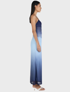 Arabella midi dress showcasing an ocean gradient, with a graceful silhouette in soothing shades of blue and green.